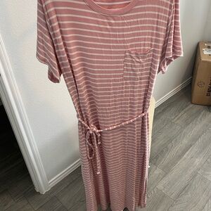 Time and Tru Pink and White Striped T-Shirt Midi Dress